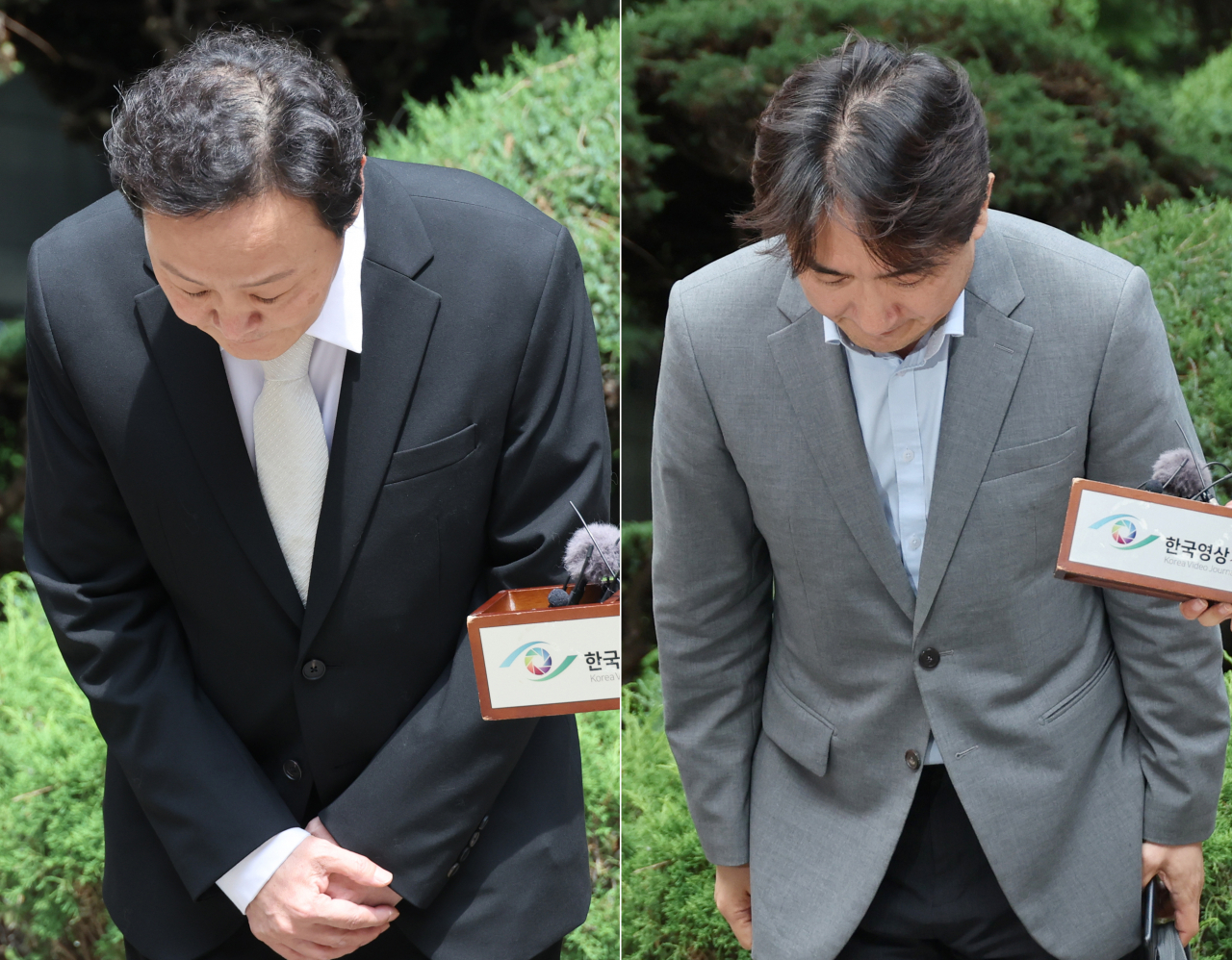류광진 티몬 대표이사(왼쪽)와 류화현 위메프 대표이사가 2일 서울 서초구 서울회생법원에 각각 출석하며 고개 숙여 인사하고 있다. [연합]