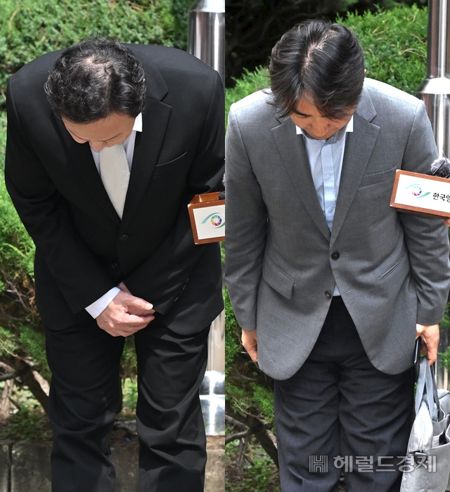 류광진(왼쪽) 티몬 대표와 류화현 위메프 대표가 2일 오후 서울 서초구 서울회생법원에서 열린 기업회생 심문기일에 출석하며 취재진을 향해 고개를 숙이고 있다.임세준 기자