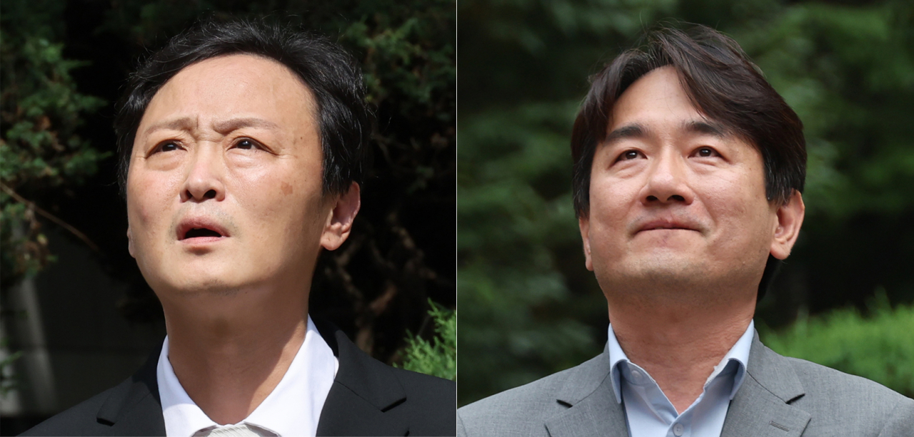 류광진(왼쪽부터) 티몬 대표이사와 류화현 위메프 대표이사가 2일 서울 서초구 서울회생법원에 각각 출석하며 기자들의 질문에 답하고 있다. [연합]