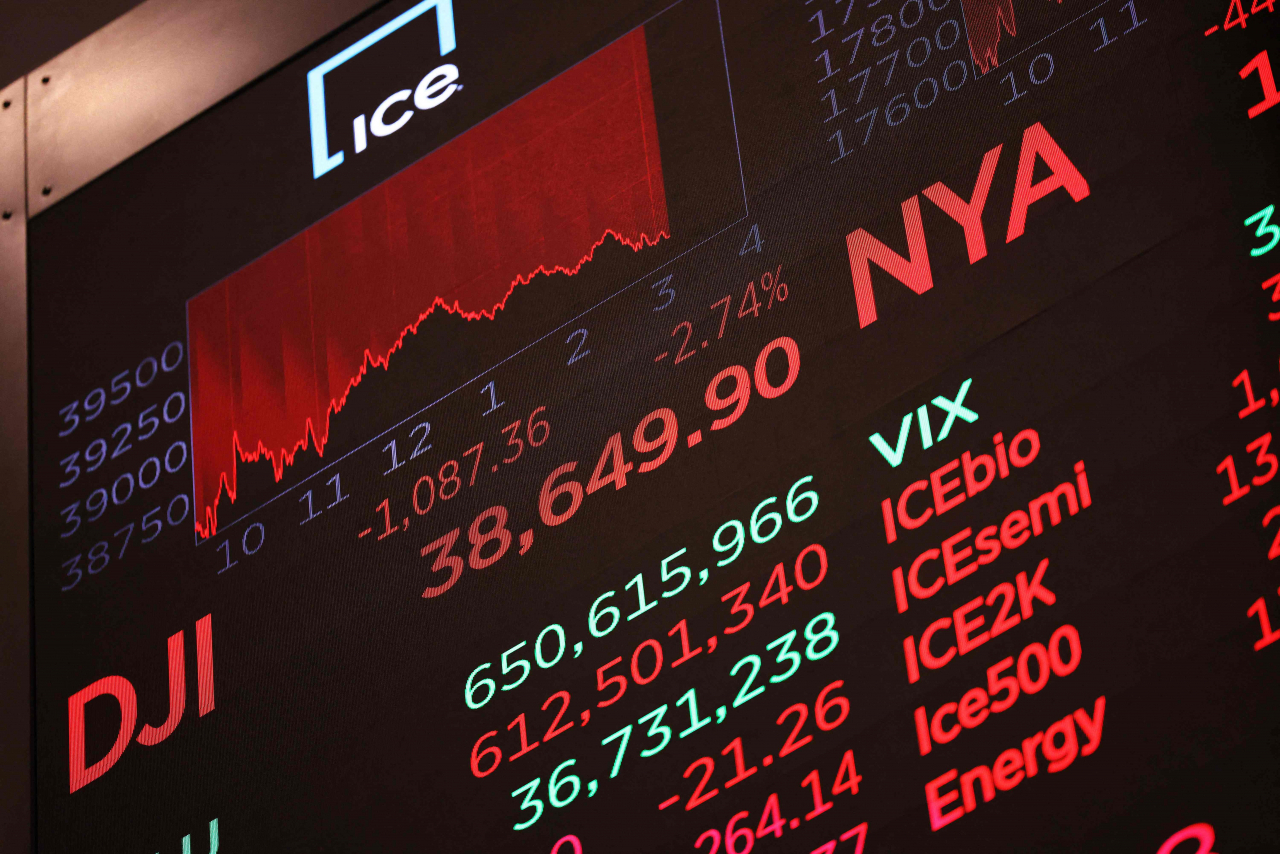 5일(현지시간) 미국 뉴욕증권거래소(NYSE). 미국 경기 침체에 대한 우려로 주식 매도세가 지속돼 다우존스 지수가 1000포인트 하락하고 S&P 500 지수가 3.2% 하락하는 등 3대 지수가 모두 하락했다. [AFP]