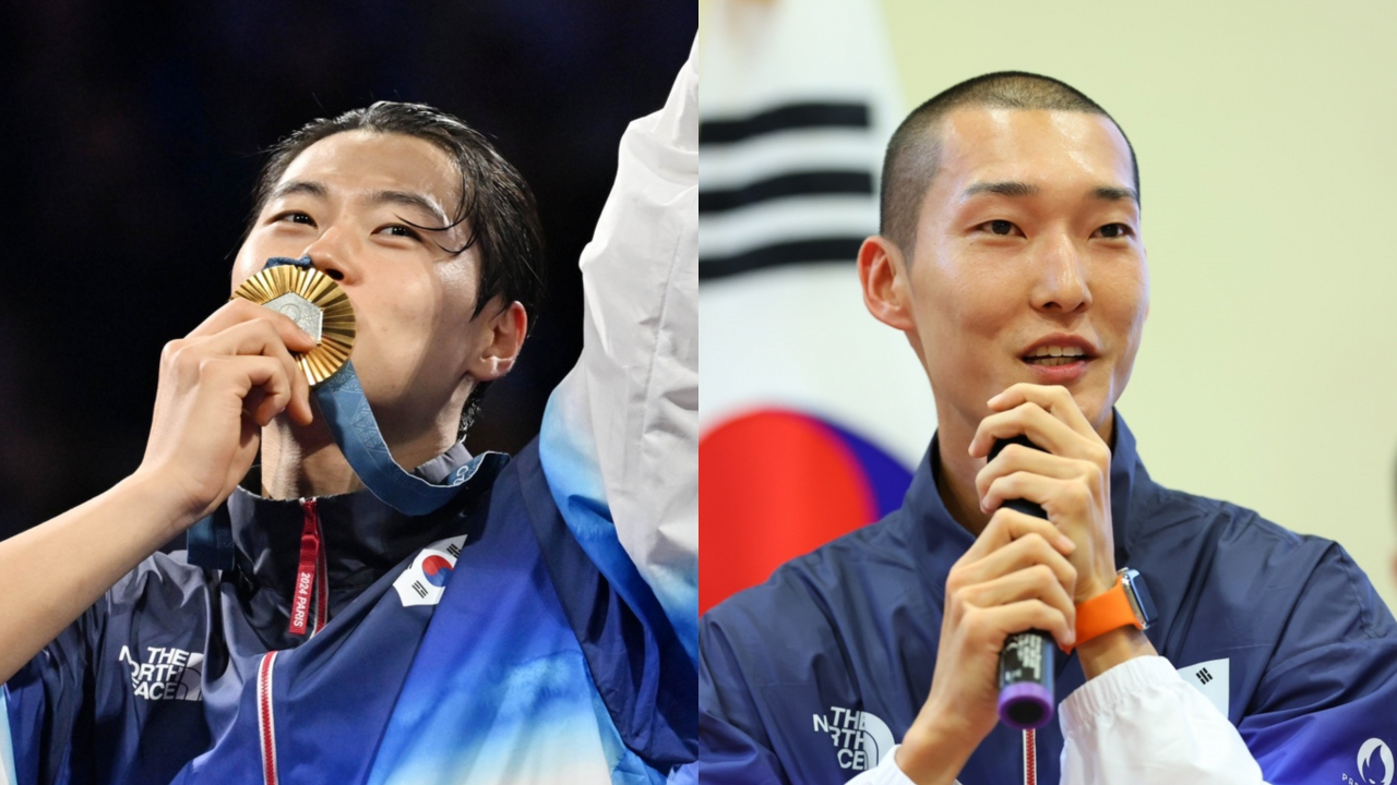 2024 파리 올림픽 펜싱 남자 사브르 결승전에서 금메달을 획득한 오상욱(왼쪽)과 대회 개회식 한국 남자 기수로 선정된 육상 높이뛰기 국가대표 우상혁(오른쪽)의 모습. [연합]