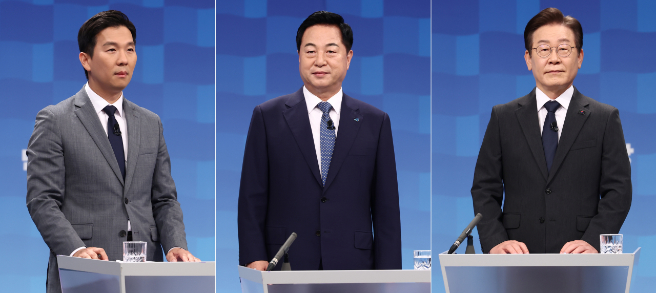 더불어민주당 김지수(사진 왼쪽부터), 김두관, 이재명 당 대표 후보가 6일 서울 양천구 SBS 목동스튜디오에서 방송토론회를 준비하고 있다. [연합]