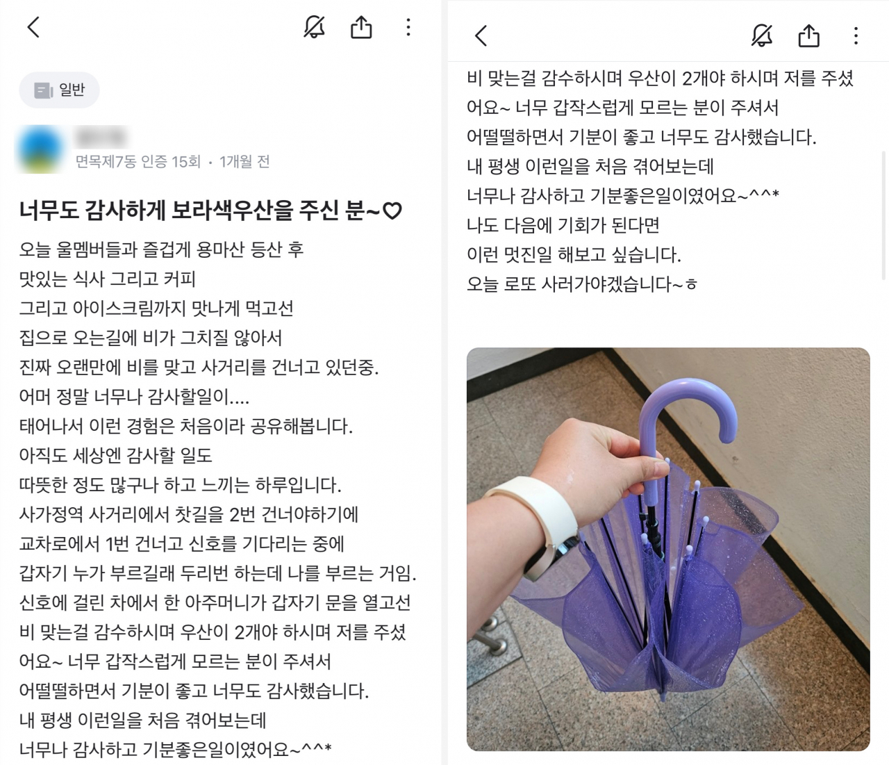 우산을 빌려준 이웃을 찾는다며 올라온 게시글 [당근 제공]