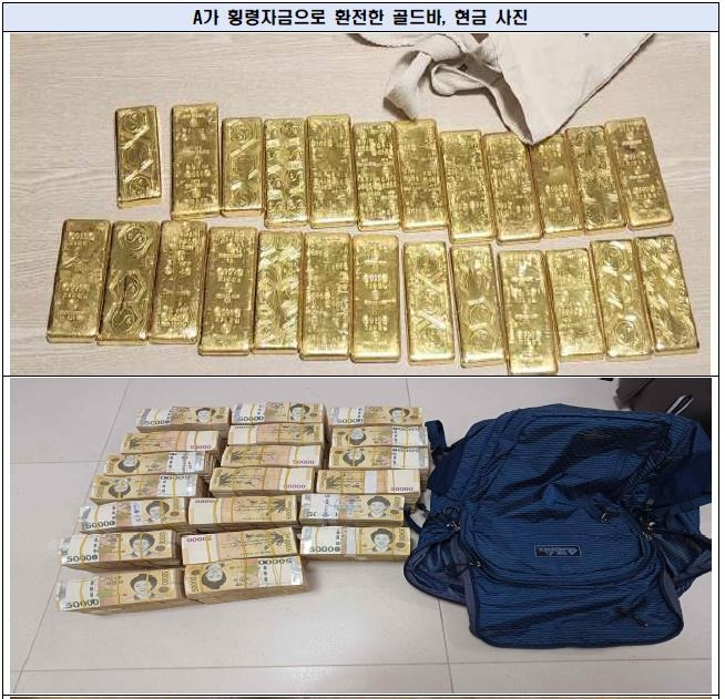 경남은행에서 근무하며 3000억원을 횡령한 직원 이모씨가 9일 징역 35년을 선고받았다. 사진은 이 씨가 횡령자금으로 환전해 은닉한 골드바와 현금. [연합]