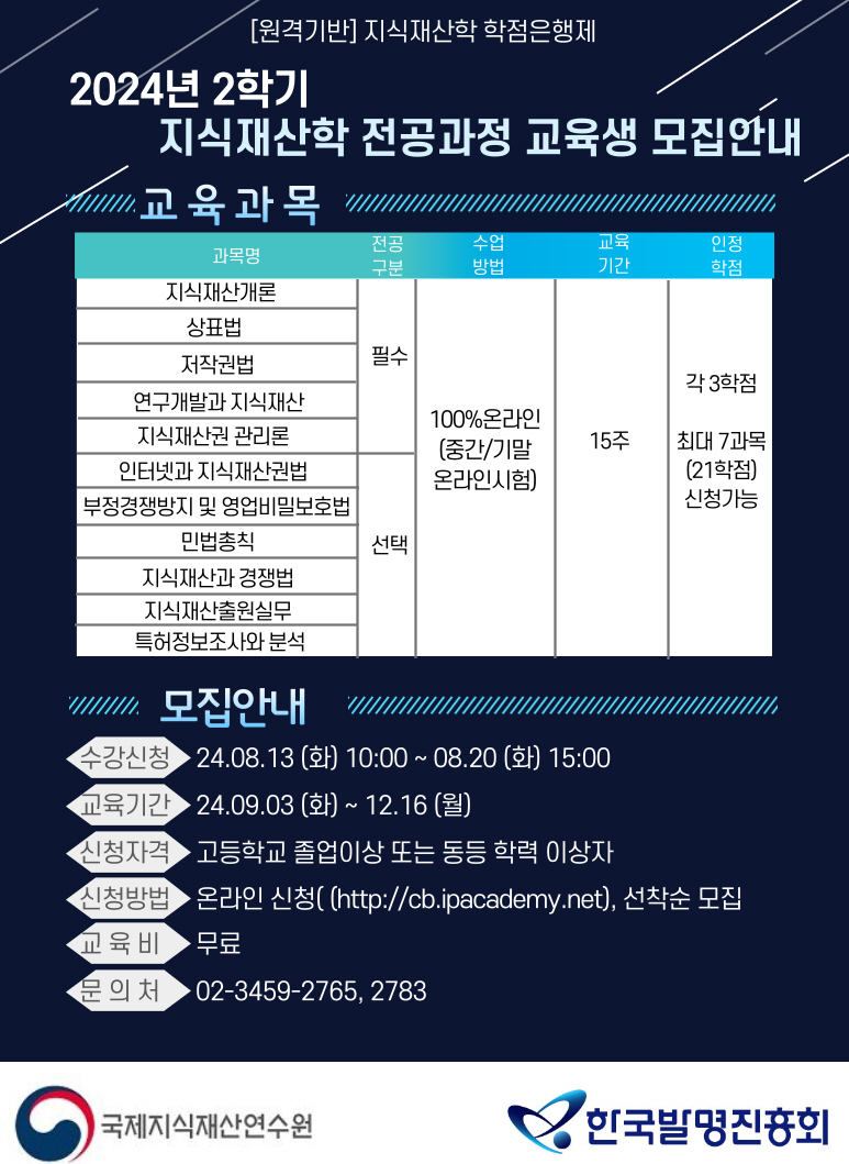 2024년 2학기 지식재산학 학점은행제 교육생 모집 포스터.