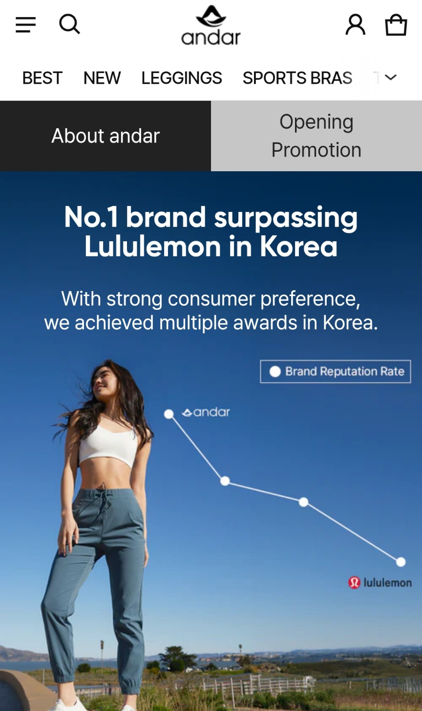 룰루레몬을 한국에서 이긴 브랜드라고 소개 중인 안다르 글로벌(호주) 홈페이지. [안다르 홈페이지 캡처]