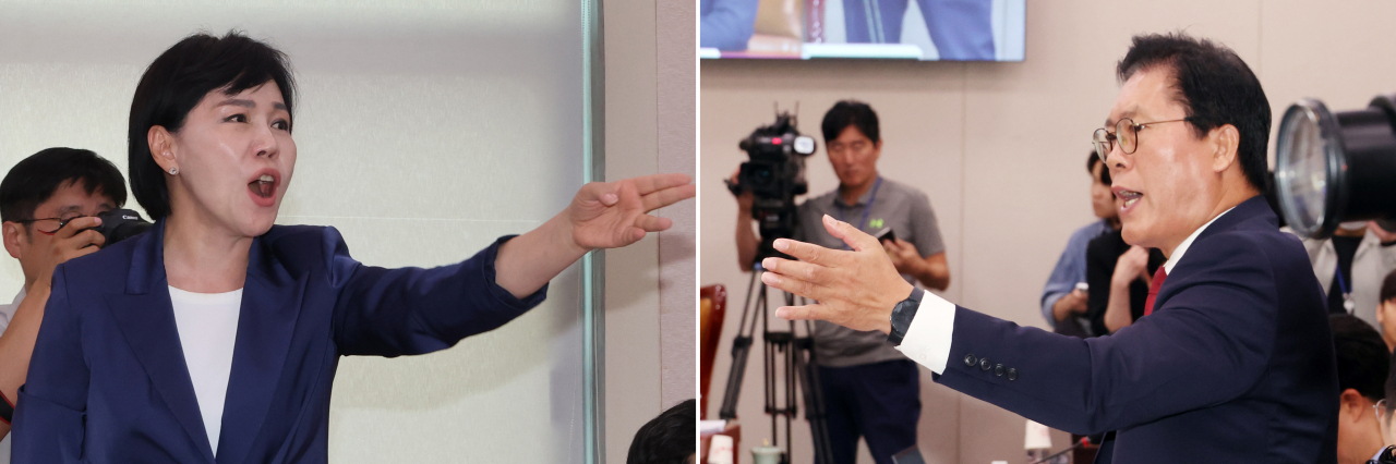 14일 오전 국회 법제사법위원회에서 열린 김영철 서울북부지검 차장검사 '탄핵소추사건 조사'와 관련한 청문회에서 권익위원회 고위 간부 사망과 관련한 의사진행발언을 하던 전현희(왼쪽) 더불어민주당 의원과 이를 항의한 송석준 국민의힘 의원이 설전을 벌이고 있다. [연합]