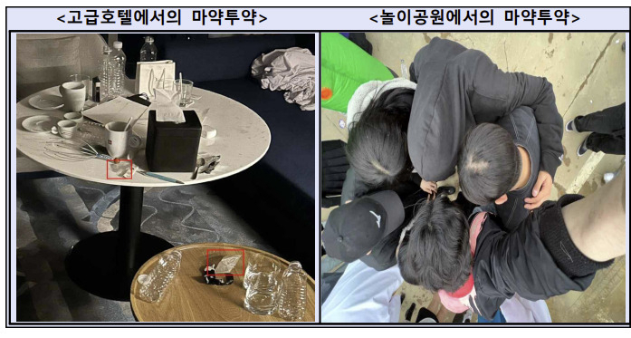 연합동아리 ‘깐부’ 회원 일부는 고급호텔·놀이공원 등에서 마약을 투약했다. [서울 남부지검 제공]