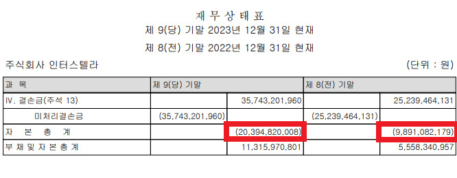 인터스텔라의 지난해 자본총계는 마이너스 204억원으로 전년(99억원) 대비 2배 넘게 증가했다. [알렛츠 감사보고서]