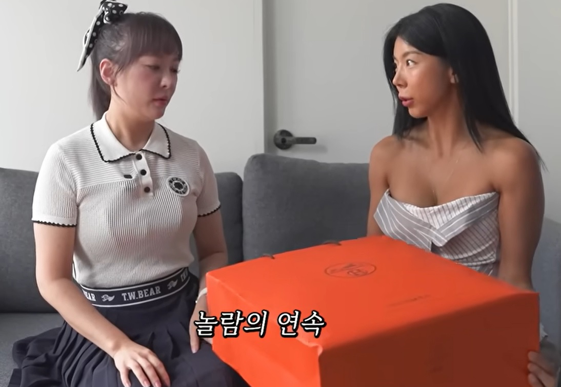 회사원A(좌)가 사놓고 포장도 열어보지 않은 에르메스백을 선보이고 있다.[유튜브 채널 'TMI JeeEun' 캡처]