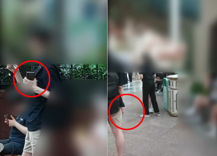 놀이공원에서 교복 입은 여성들을 불법촬영한 남성. [유튜브채널 '감빵인도자' 영상 캡처]