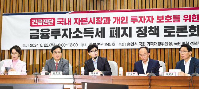 한동훈(가운데) 국민의힘 대표가 22일 오전 서울 여의도 국회에서 열린 국내 자본시장과 개인 투자자 보호를 위한 금융투자소득세 폐지 정책 간담회에 참석해 모두발언을 하고 있다. 이상섭 기자