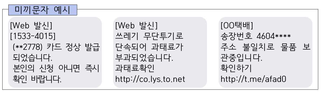 보이스피싱 피해를 유도하는 미끼 문자메시지 예시 [금융감독원 자료]