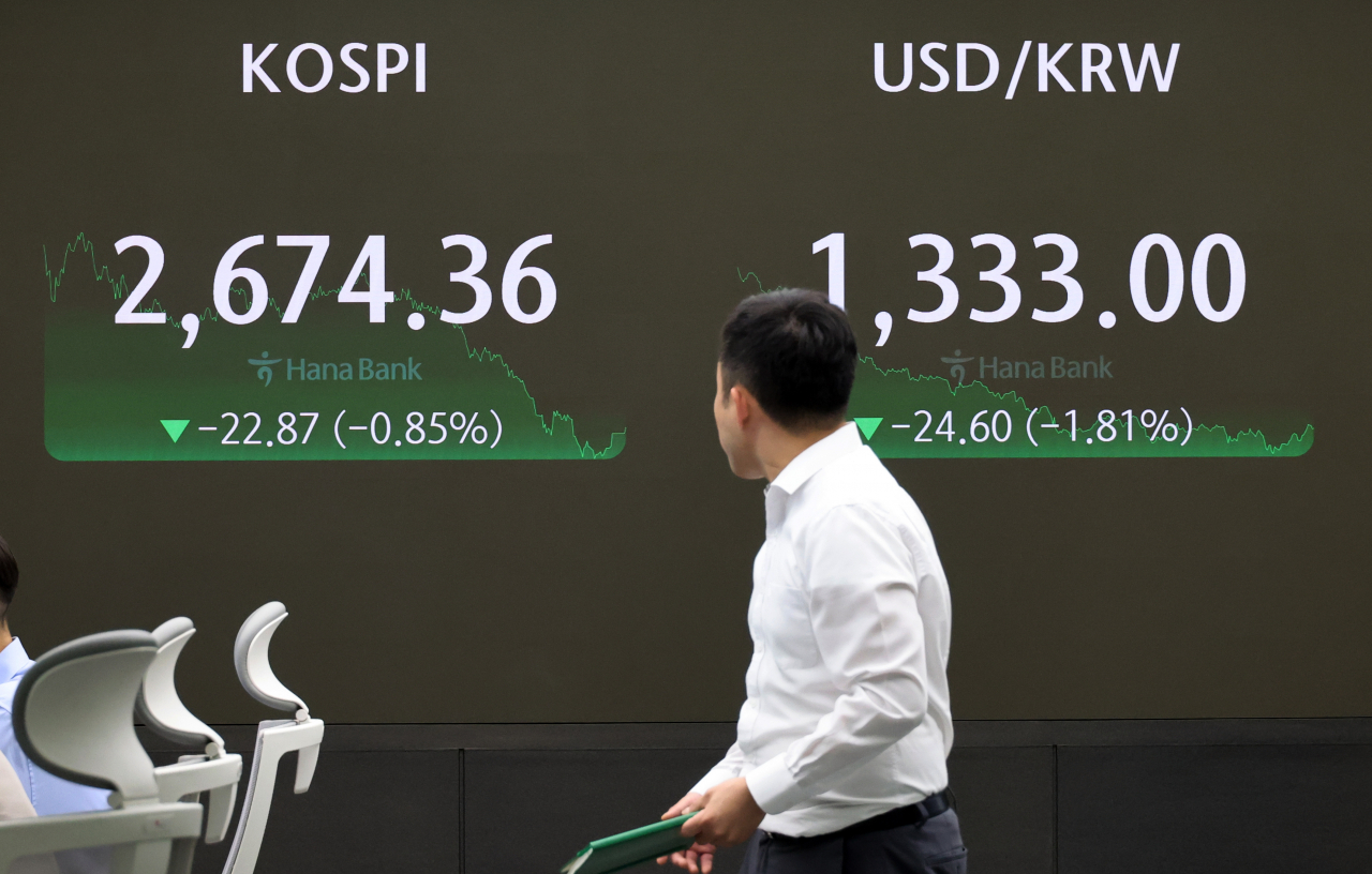 지난 19일 중구 하나은행 본점 딜링룸 모습. 이날 코스피는 22.87p(0.85%) 내린 2,674.36으로 장을 마쳤다. 코스닥은 8.86p(1.13%) 내린 777.47로 마감했다. [연합]