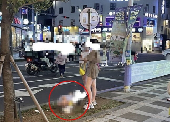 지난 6월 제주 한 대로변 가로수 옆에서 남자 아이가 대변을 보고 있고 엄마로 보이는 여성이 그 옆에 서 있는 장면이 포착됐다. [온라인 커뮤니티 갈무리]
