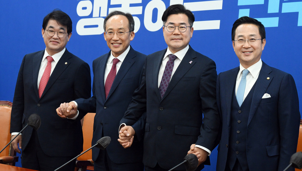 (왼쪽부터) 국민의힘 배준영 원내수석부대표, 추경호 원내대표, 박찬대 더불어민주당 원내대표, 박성준 원내수석부대표. 이상섭 기자
