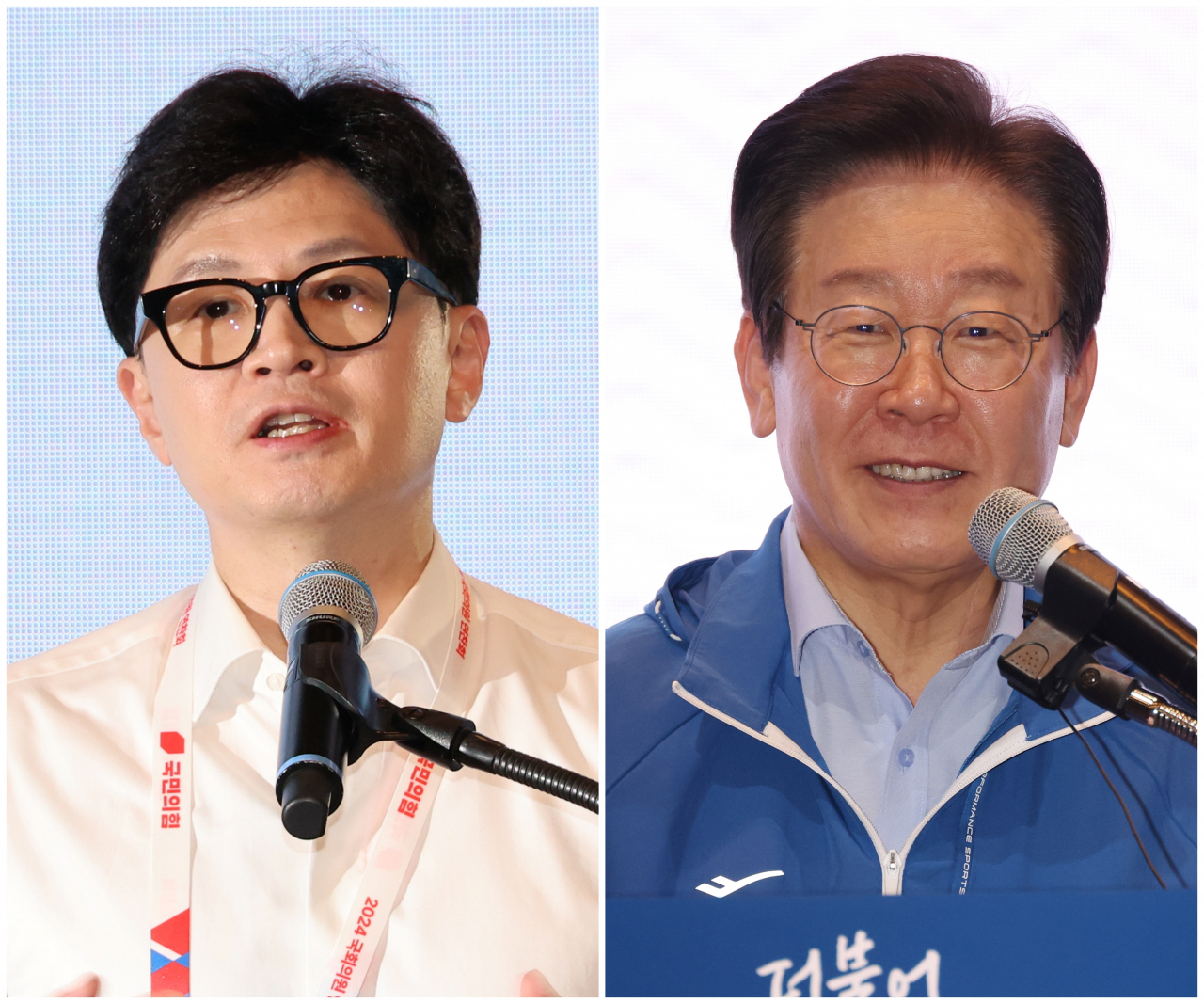 한동훈(사진왼쪽) 국민의힘·이재명 더불어민주당 대표가 29일 인천에서 각각 열린 1박 2일 연찬회·워크숍에서 인사말하고 있다. [연합]