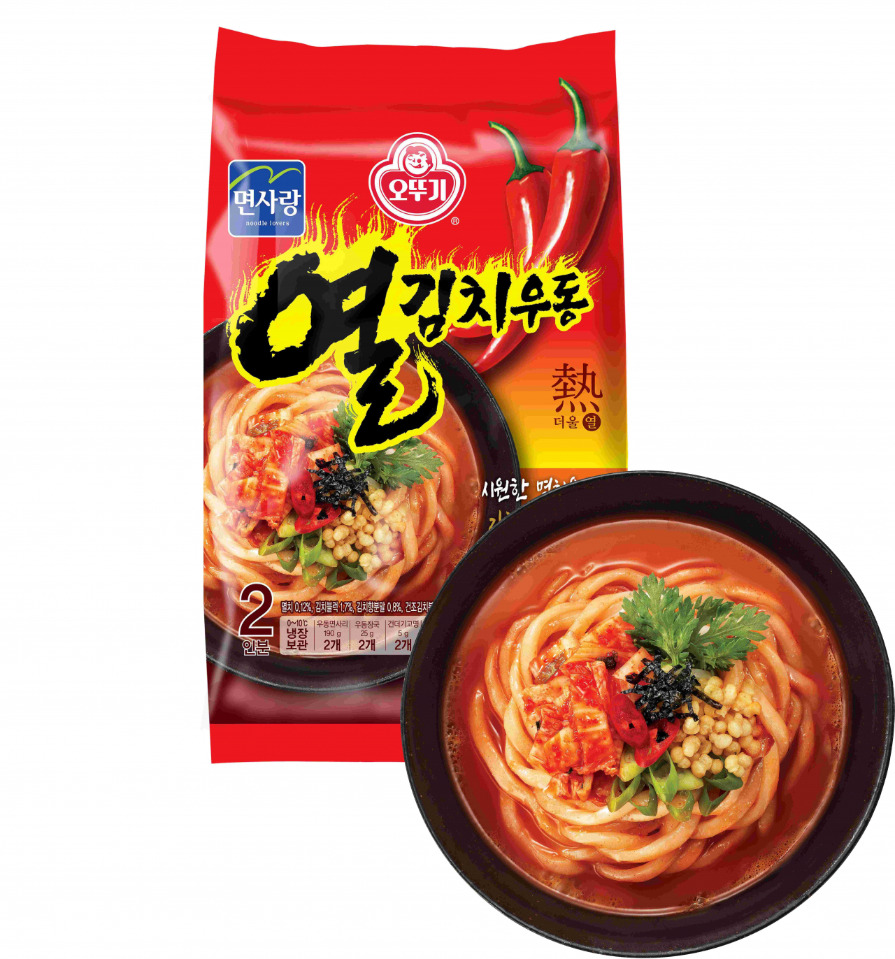 롯데마트와 슈퍼가 오뚜기와 공동개발한 ‘오뚜기 열김치우동(2인분)’. [롯데마트·슈퍼 제공]