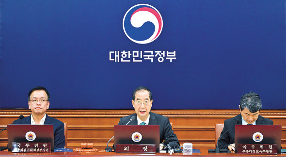 한덕수(가운데) 국무총리가 3일 오전 서울 종로구 정부서울청사에서 열린 국무회의에서 모두발언을 하고 있다. 이날 정부는 10월 1일 건군 76주년 국군의 날을 임시공휴일로 지정하는 안건을 의결했다. 임세준 기자