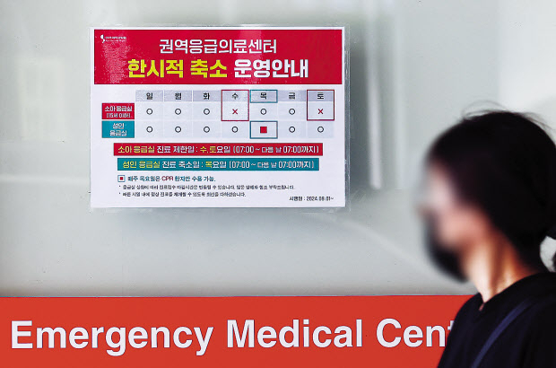 군의관 3명이 배치된 경기 수원시 아주대병원에 이달 3일 응급실 한시적 축소 운영 안내문이 붙어 있다. [연합]