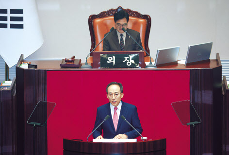 추경호(아래) 국민의힘 원내대표가 5일 국회 본회의에서 교섭단체 대표연설을 하고 있다. [연합]