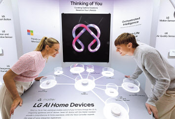LG전자 모델이 IFA 2024 LG전자 전시관에서 AI홈의 핵심 디바이스 ‘LG 씽큐 온’을 소개하고 있다. [LG전자 제공]