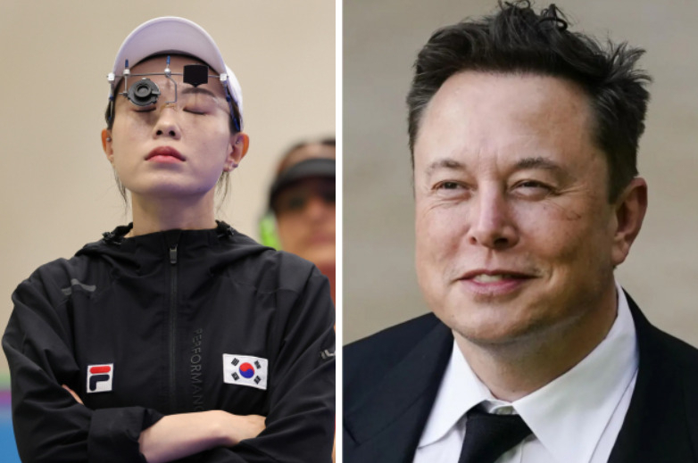 사격 국가대표 김예지 선수와 일론 머스크 테슬라 최고경영자. [올림픽사진공동취재단, AP]