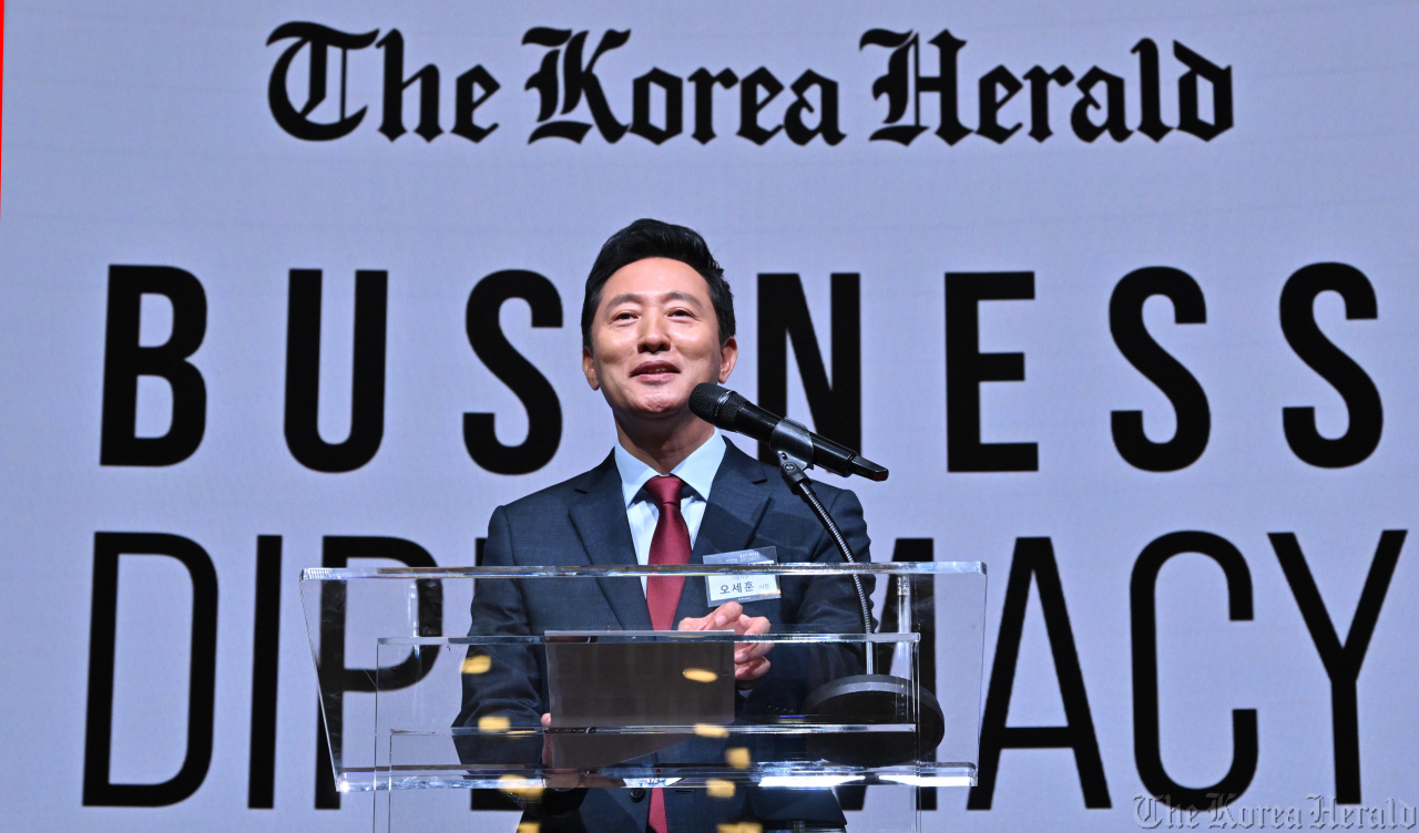오세훈 서울시장이 지난 5일 오전 서울 중구 대한상공회의소 국제회의장에서 열린 ‘2024 코리아헤럴드 HIT 포럼’에서 축사를 하고 있다. [임세준 기자]