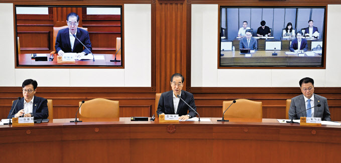 한덕수(가운데) 국무총리가 6일 오전 서울 종로구 정부서울청사에서 열린 국정현안관계장관회의에서 모두발언을 하고 있다. 정부는 이날 회의를 통해 배터리 인증제 조기 시행 및 정보공개 의무화로 정부 관리체계를 강화하고, 기업 책임보험 가입 확대 및 전기차 무상점검 매년 실시를 통해 기업책임을 강화하는 내용을 담은 ‘전기차 화재 안전관리 대책’을 확정했다. 임세준 기자