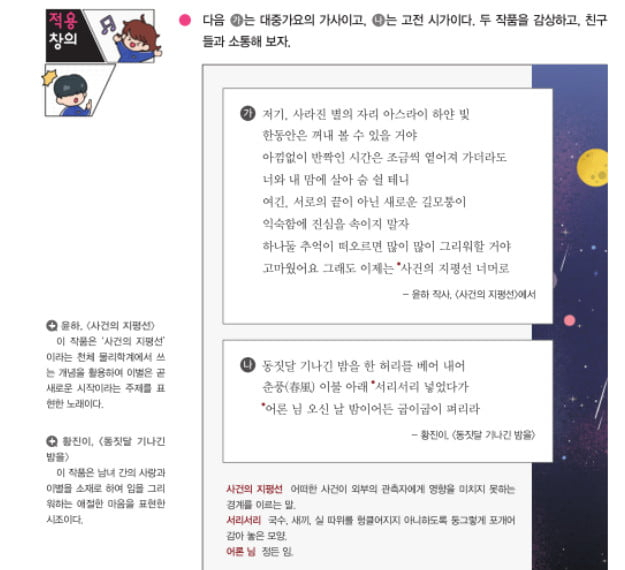 교과서에 등재된 윤하의 노래 '사건의 지평선'. [C9엔터테인먼트]