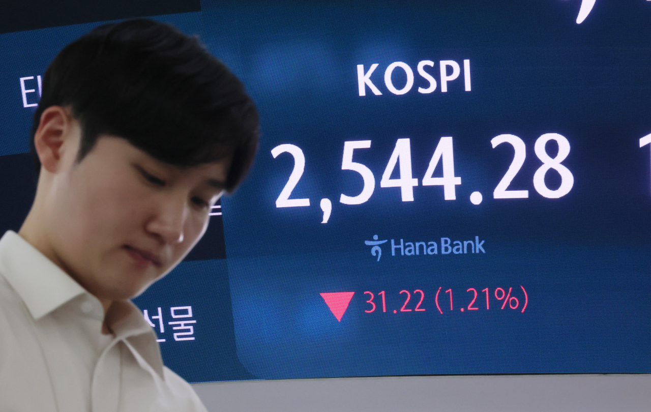 코스피와 코스닥 지수가 4거래일 연속 하락 마감한 6일 서울 중구 하나은행 본점 딜링룸 현황판에 지수가 표시돼 있는 모습. 이날 코스피 지수는 전장 대비 31.22포인트(1.21%) 내린 2544.28에 코스닥 지수는 전날보다 18.69포인트(2.58%) 내린 706.59로 마감했다. [연합]