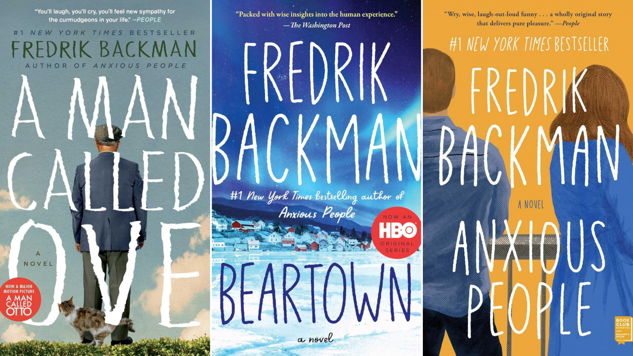 From left, English editions of “A Man Called Ove,” “Beartown” and “Anxious People” (Atria Books)
