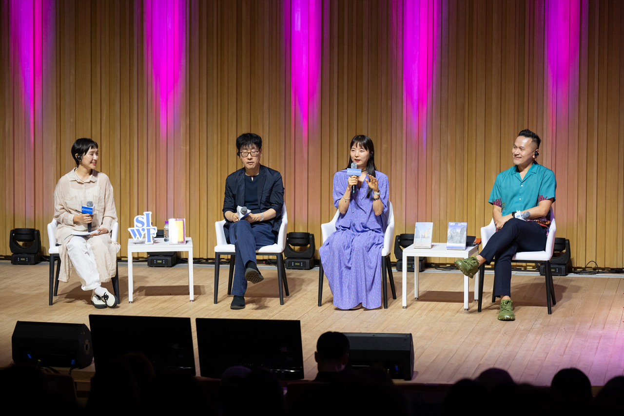 From left, moderator Han So-beom, writers Lee Jang-wook, Son Bo-mi and Kevin Chen attend the 2024 Seoul International Writers‘ Festival at JCC Art Center in Jongno, Seoul, Sunday. (SIWF)