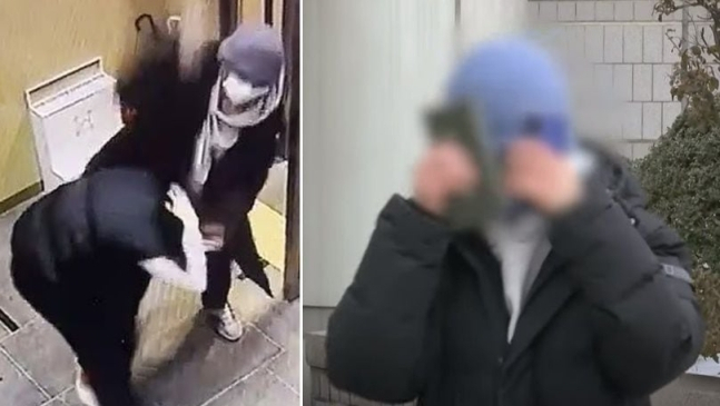 A 군이 배현진 의원을 공격할 때의 모습(좌)과 경복궁 낙서범에게 지갑을 던졌을 때의 모습(우)