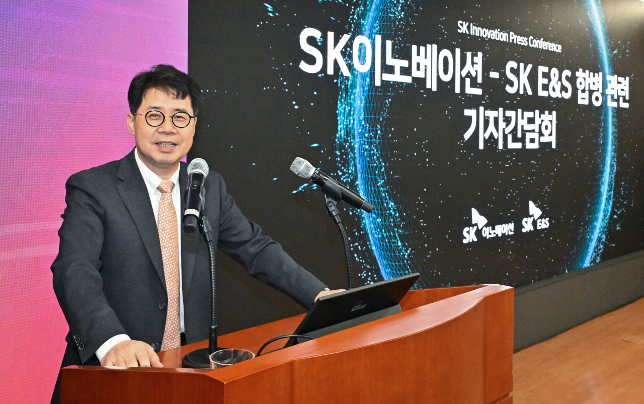박상규 SK이노베이션 사장이 지난 7월 서울 종로구 SK서린빌딩에서 열린 SK이노베이션-SK E&S 합병 기자간담회에서 발표를 하고 있다. [헤럴드경제 DB]