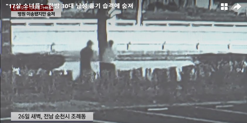 26일 0시 44분께 30대 용의자가 여학생 뒤를 재빠르게 쫓아가 흉기를 휘두르고 있다. [YTN 화면 캡처]