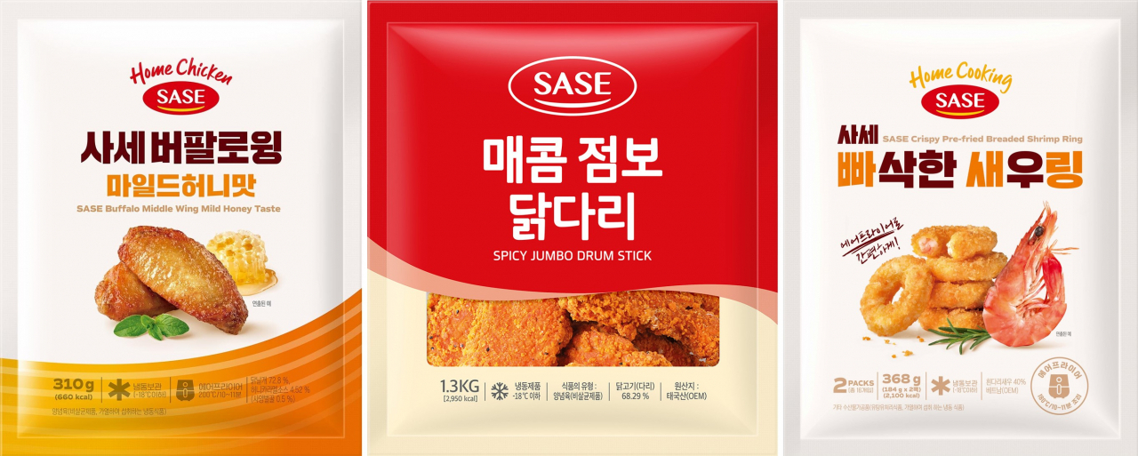 (왼쪽부터) 사세 버팔로윙 마일드허니맛, 사세 매콤 점보 닭다리, 사세 빠삭한 새우링 [사세 제공]