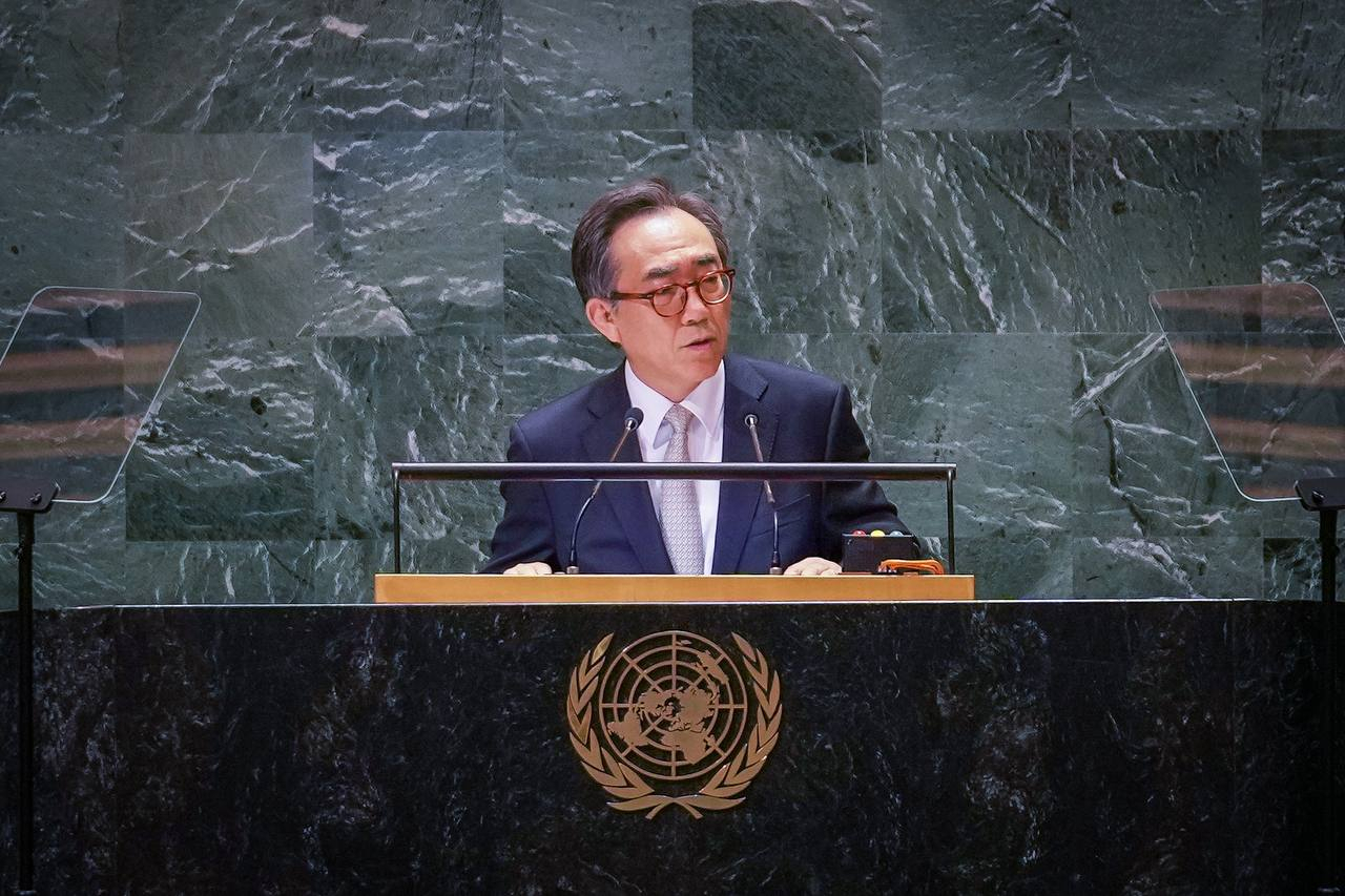 조태열 외교부 장관이 27일(현지시간) 미국 뉴욕에서 열린 제79차 유엔총회 고위급 회의 일반토의에서 기조연설을 하고 있다. [연합]