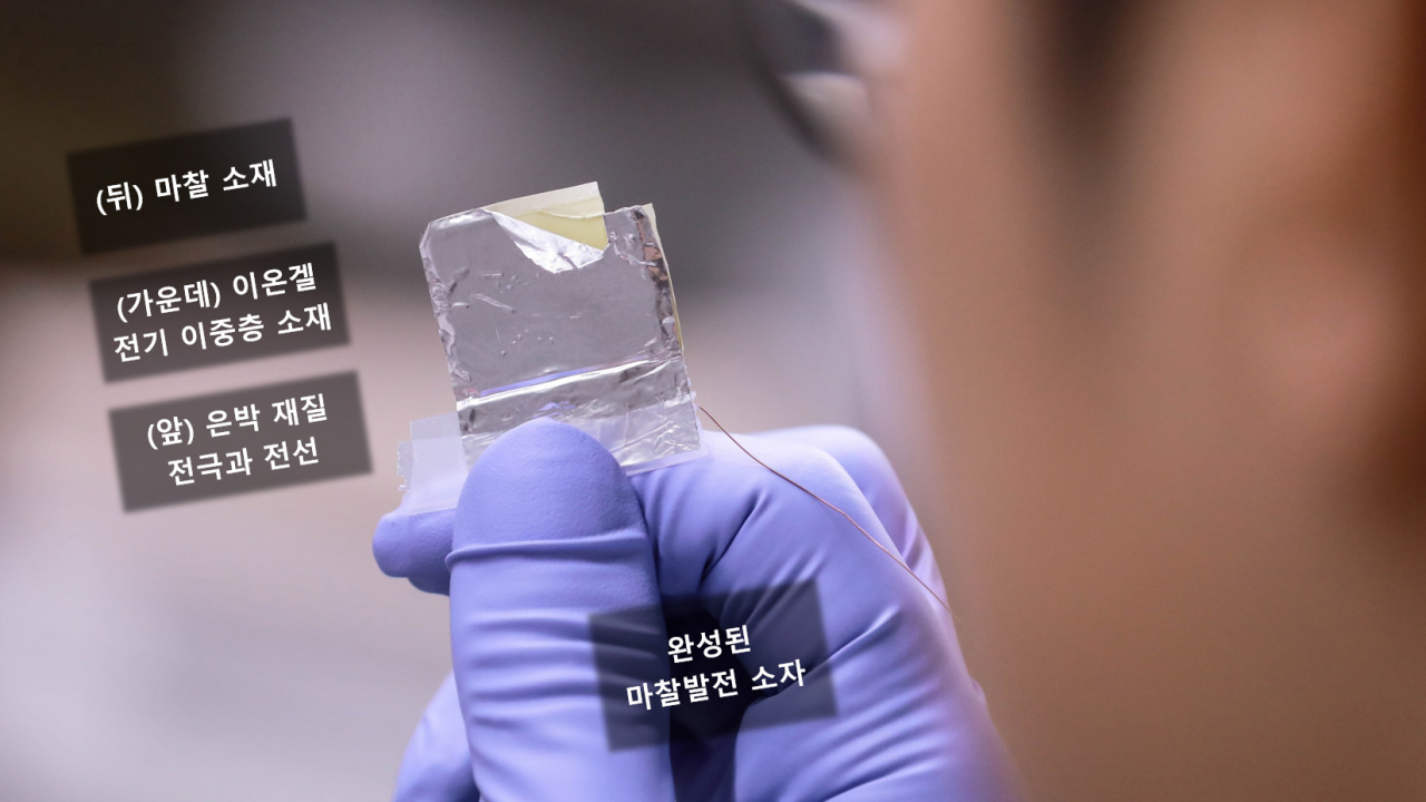 연구진이 개발한 마찰발전 소자를 들어보이고 있다.[한국화학연구원 제공]