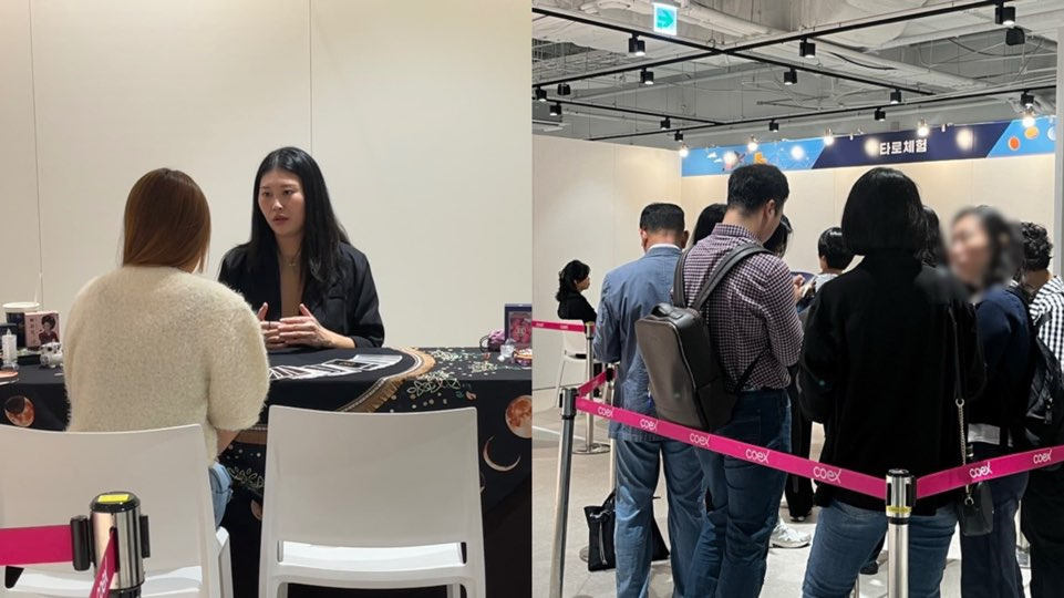 2일 오전 서울 강남구 코엑스 더플라츠에서 열린 '헤럴드 머니 페스타 2024'에서 참석자들이 퍼스널 컬러 진단을 하고 있는 모습(왼쪽)과 뒤이어 퍼스널컬러 진단을 받기 위해 대기하고 있는 모습(오른쪽). 김민지 기자