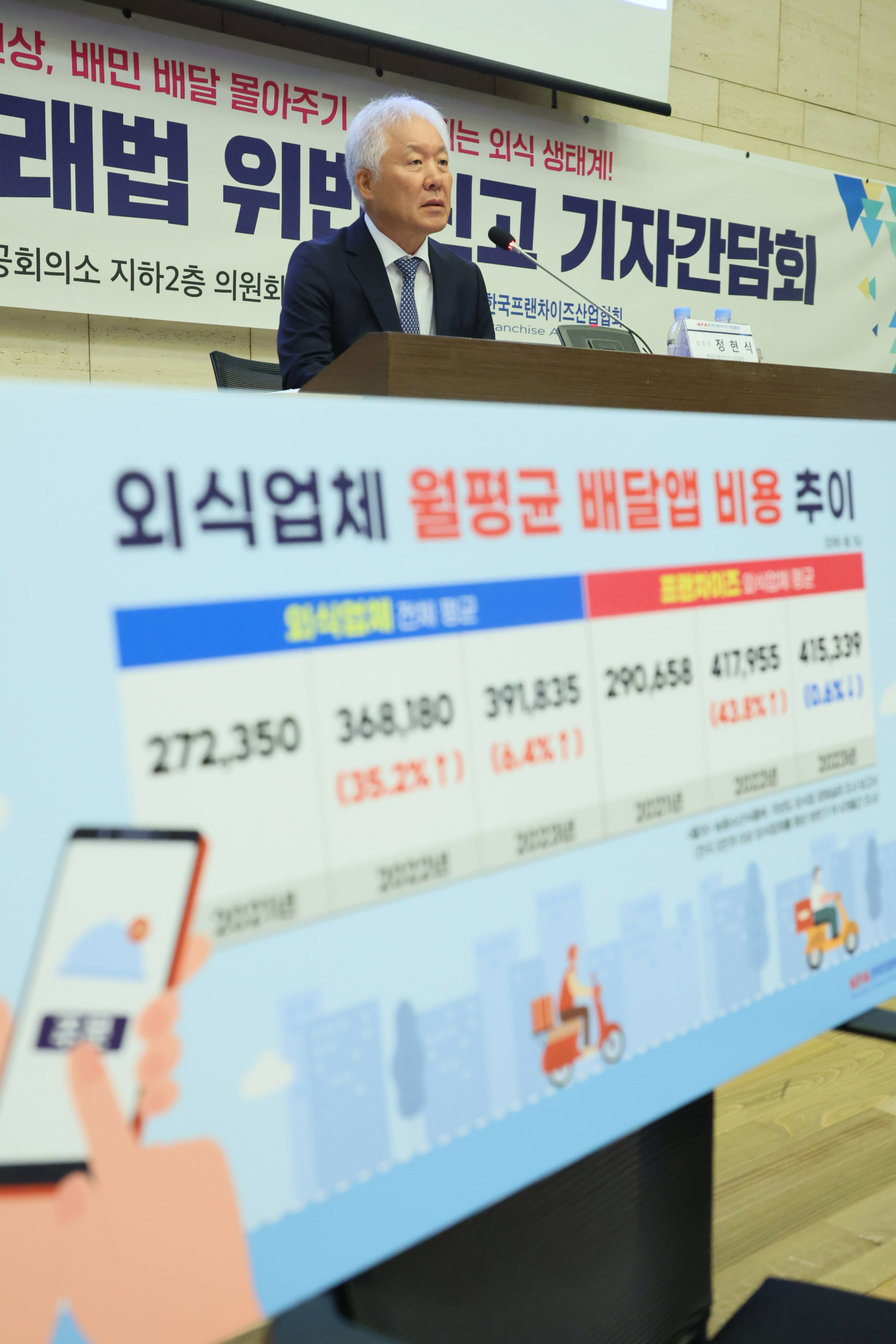 정현식 한국프랜차이즈산업협회 회장이 지난달 27일 오전 서울 중구 대한상공회의소에서 한국프랜차이즈산업협회 주최로 열린 '배달의 민족' 공정거래법 위반 신고 기자간담회에서 발언하고 있다.[연합]