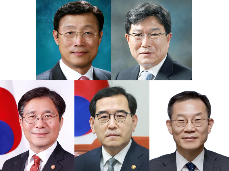 이윤호(왼쪽 위) 전 지식경제부 장관, 윤상직(오른쪽 위) 전 산업통상자원부 장관, 성윤모(아래 왼쪽부터)·이창양 전 산업통상자원부 장관, 이종호 전 과학기술정보통신부 장관. [한국경제인협회 제공]