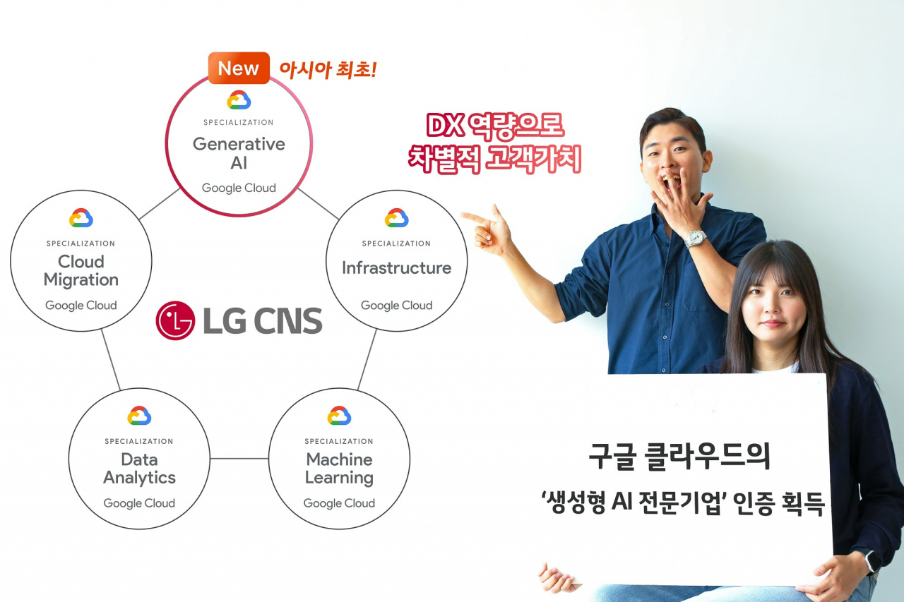 LG CNS 클라우드 전문가들이 구글 클라우드로부터 획득한 ‘생성형 AI 전문기업’ 인증을 소개하고 있다. [LG CNS 제공]