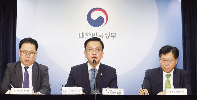 최상목(가운데) 부총리 겸 기획재정부 장관이 9일 서울 종로구 정부서울청사에서 한국이 세계 3대 채권지수인 세계국채지수(WGBI·World Government Bond Index)에 편입한 것과 관련해 브리핑 하고 있다. [연합]