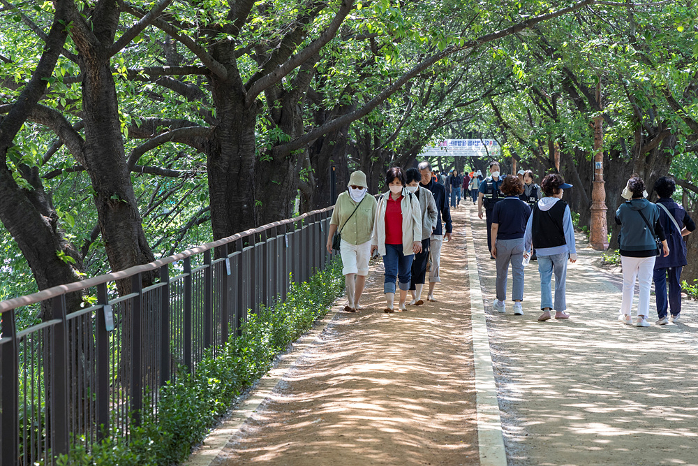서울 영등포구는 안양천 제방산책로에 1.1㎞에 이르는 맨발 황톳길을 조성 완료하고 오는 14일 맨발걷기 행사를 개최한다. 사진은 이번에 조성된 맨발 황톳길.[영등포구 제공]