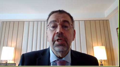 Daron Acemoglu, a professor at the Massachusetts Institute of Technology (MIT), speaks during an online press availability on Monday in this photo captured from the MIT event. (Yonhap)