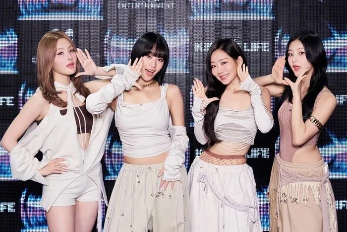 K-pop girl group Kiss of Life poses for a photo during a press showcase for its third EP, "Lose Yourself," in Seoul on Tuesday. (S2 Entertainment)