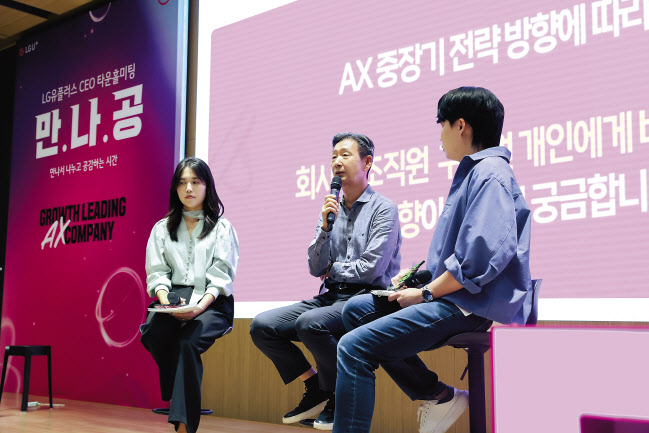 황현식(가운데) LG유플러스 대표가 16일 열린 타운홀 미팅에서 인공지능 전환(AX) 전략에 대해 설명하고 있다. [LG유플러스 제공]