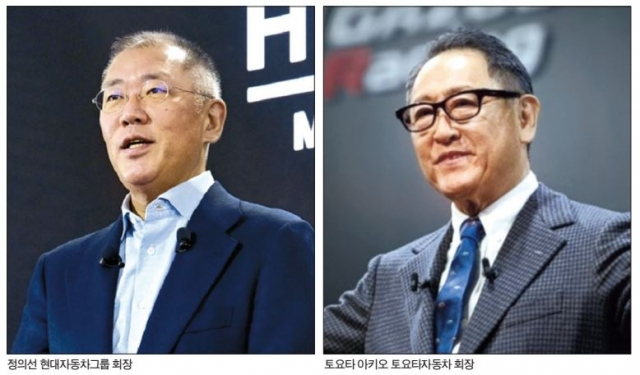 정의선(왼쪽) 현대자동차그룹 회장과 토요타 아키오 일본 토요타그룹 회장. [각사]
