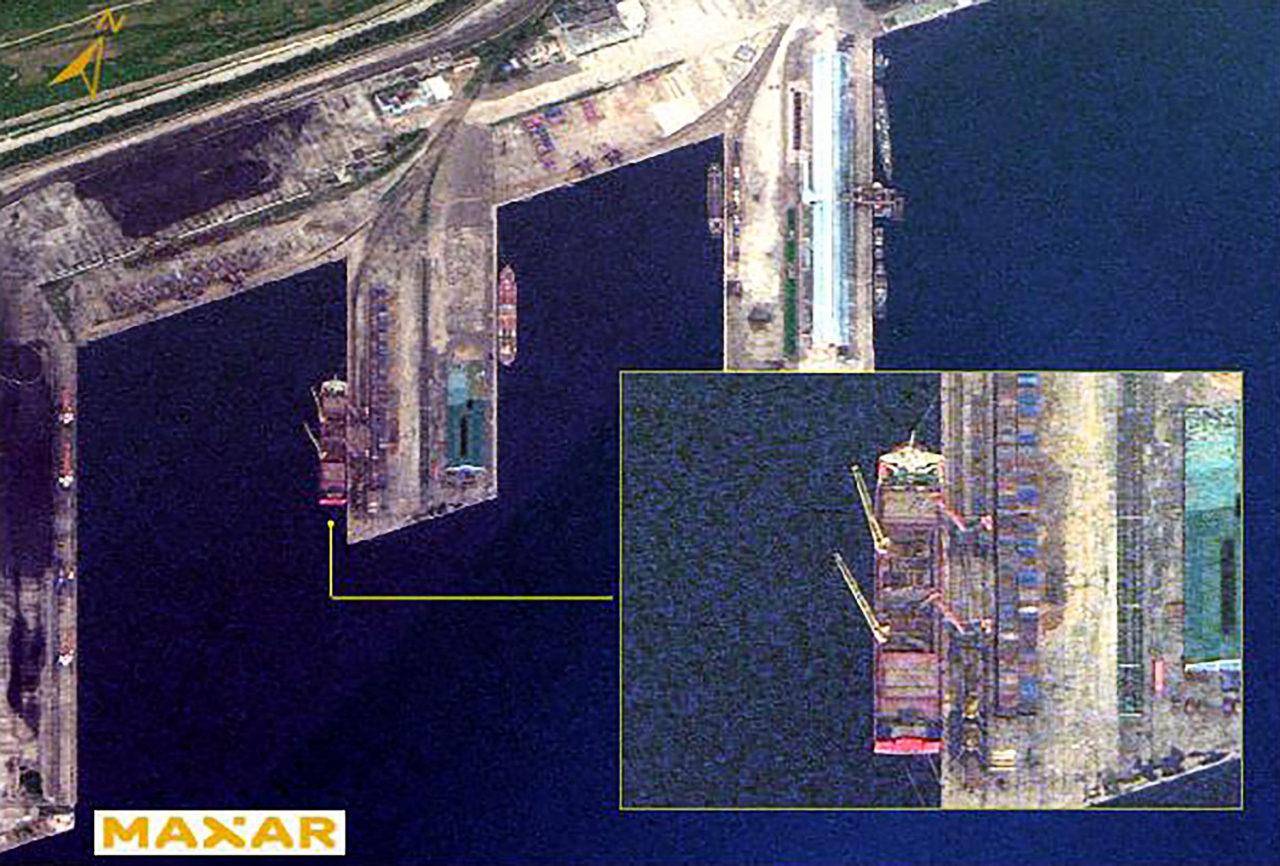 This handout from South Korea's National Intelligence Service released on Friday shows an undated satellite image by Maxar Technologies of what NIS said is the Russian vessel Angara, loaded with North Korean weapons, departing from Rajin Port in the North Korean city of Rason. North Korea has decided to send a "large-scale" troop deployment to Russia to support their war in Ukraine, with 1,500 special forces already in country and training before, Seoul's spy agency said on Friday. (AFP-Yonhap)